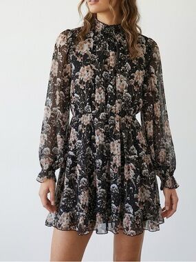 O.P.T Lluvia Black Floral Chiffon Tiered Mini Dress Small